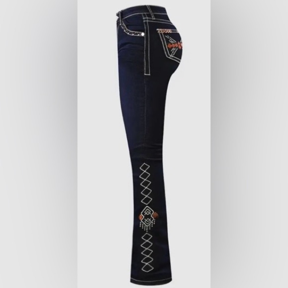 Flamingals Embroidered Rhinestone Decor Mid Rise Bootcut Jeans Size Large NWT - Picture 6 of 14